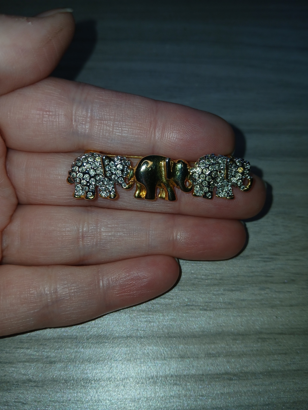 5 For $25 Estate Gold-Tone Elephant Trio Brooch with Clear Crystals